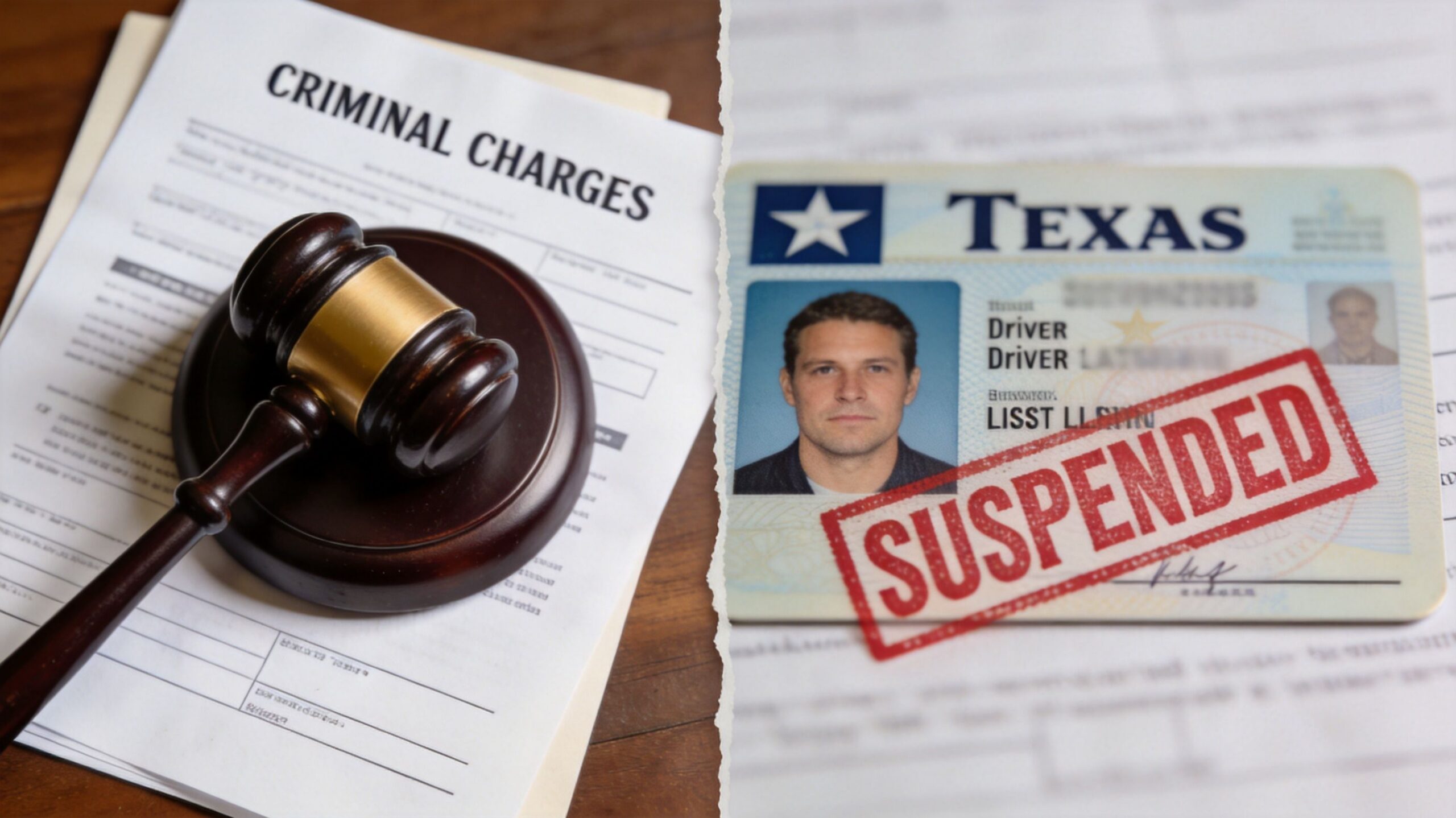 A wooden judge's gavel rests on a document titled criminal charges next to a suspended Texas driver's license.