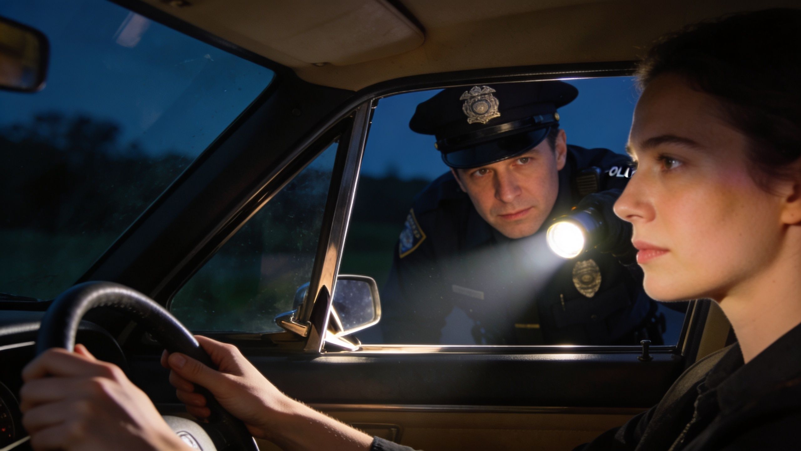 A police officer shines a flashlight into the car window while a woman sits in the driver seat.
