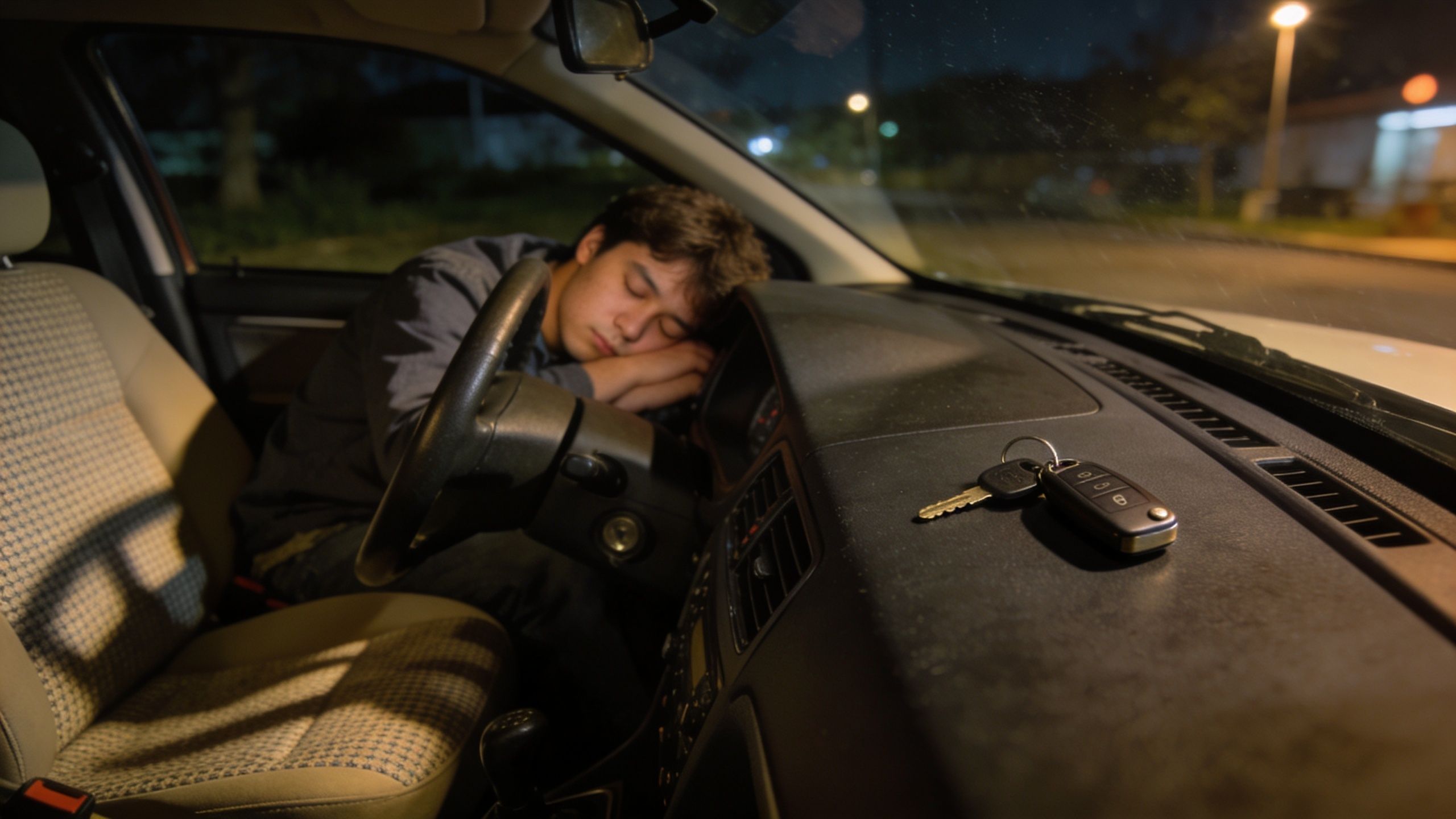A young man sleeping in the driver's seat of a car at night with keys on the dashboard.