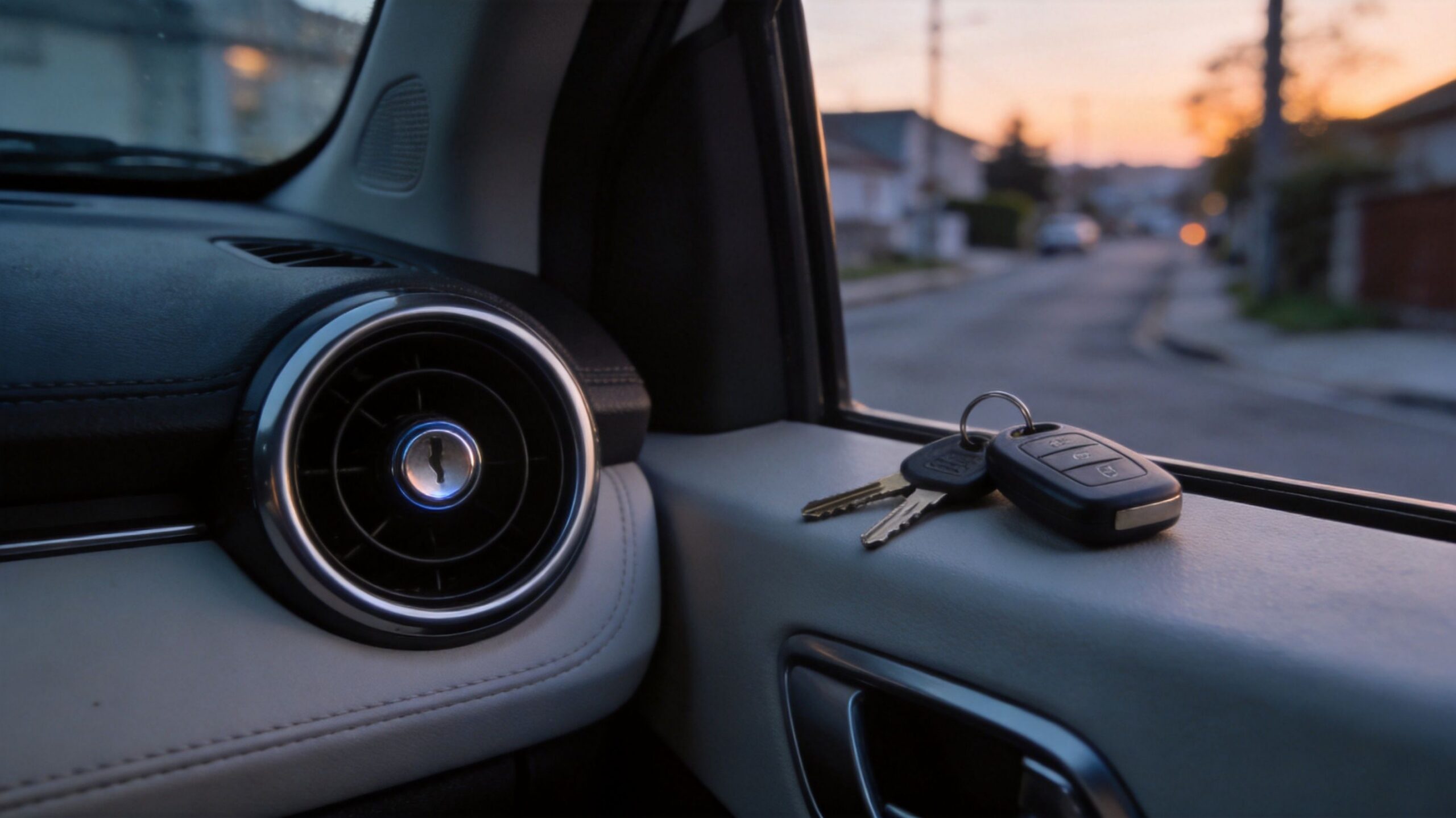 A set of car keys resting on the interior door panel of a vehicle parked on a street.