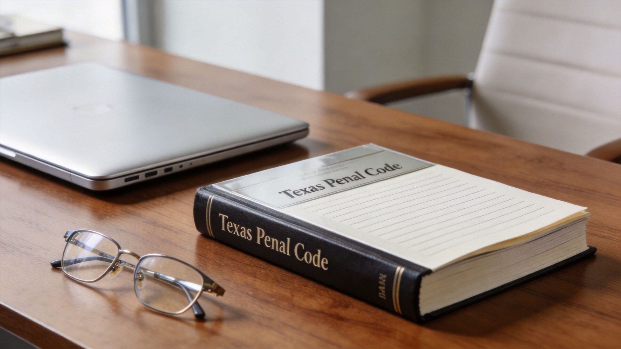 A professional desk workspace featuring a laptop, reading glasses, and a copy of the Texas Penal Code book.