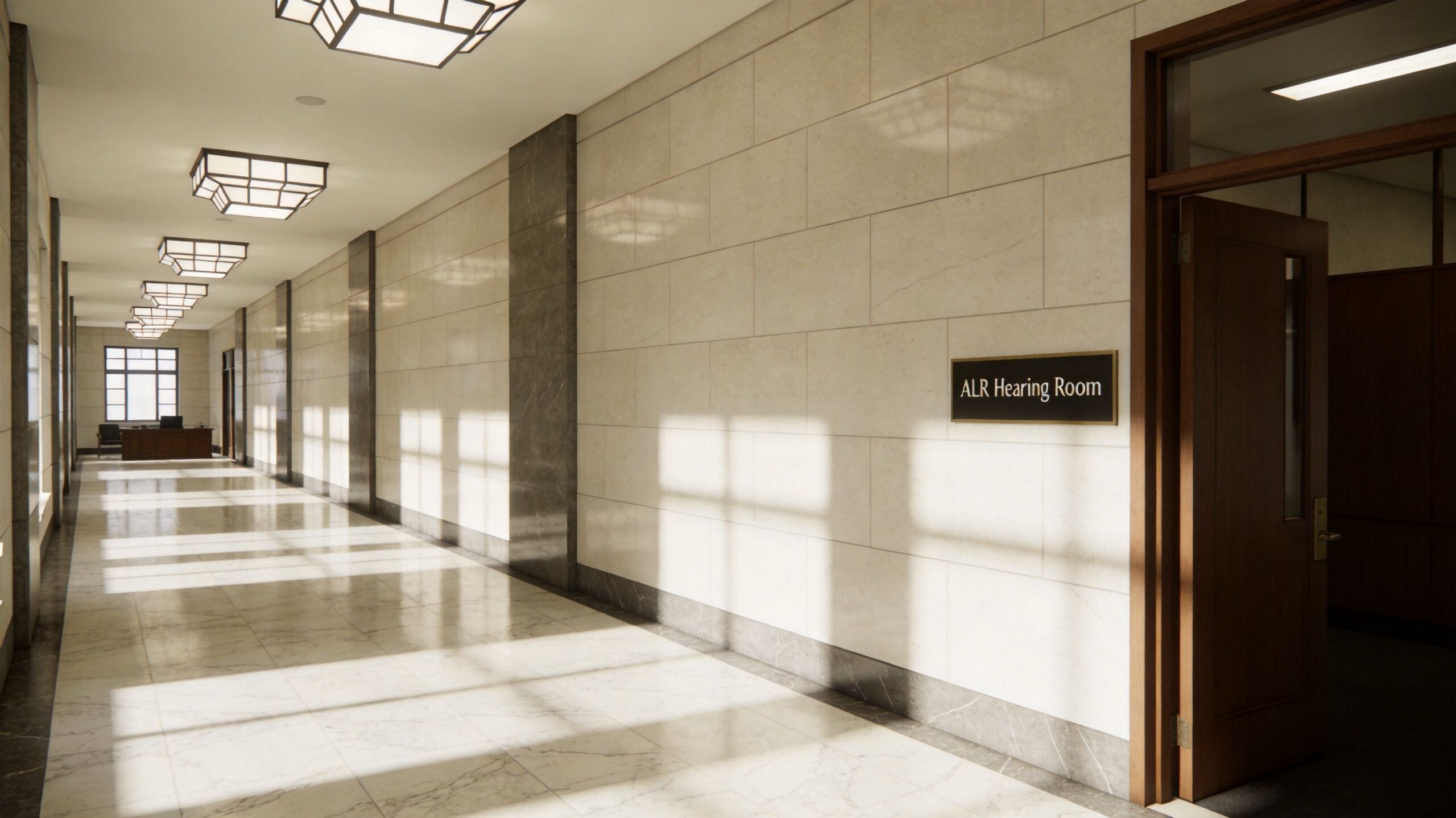 A quiet, modern office hallway with polished marble floors and a door marked ALR Hearing Room.