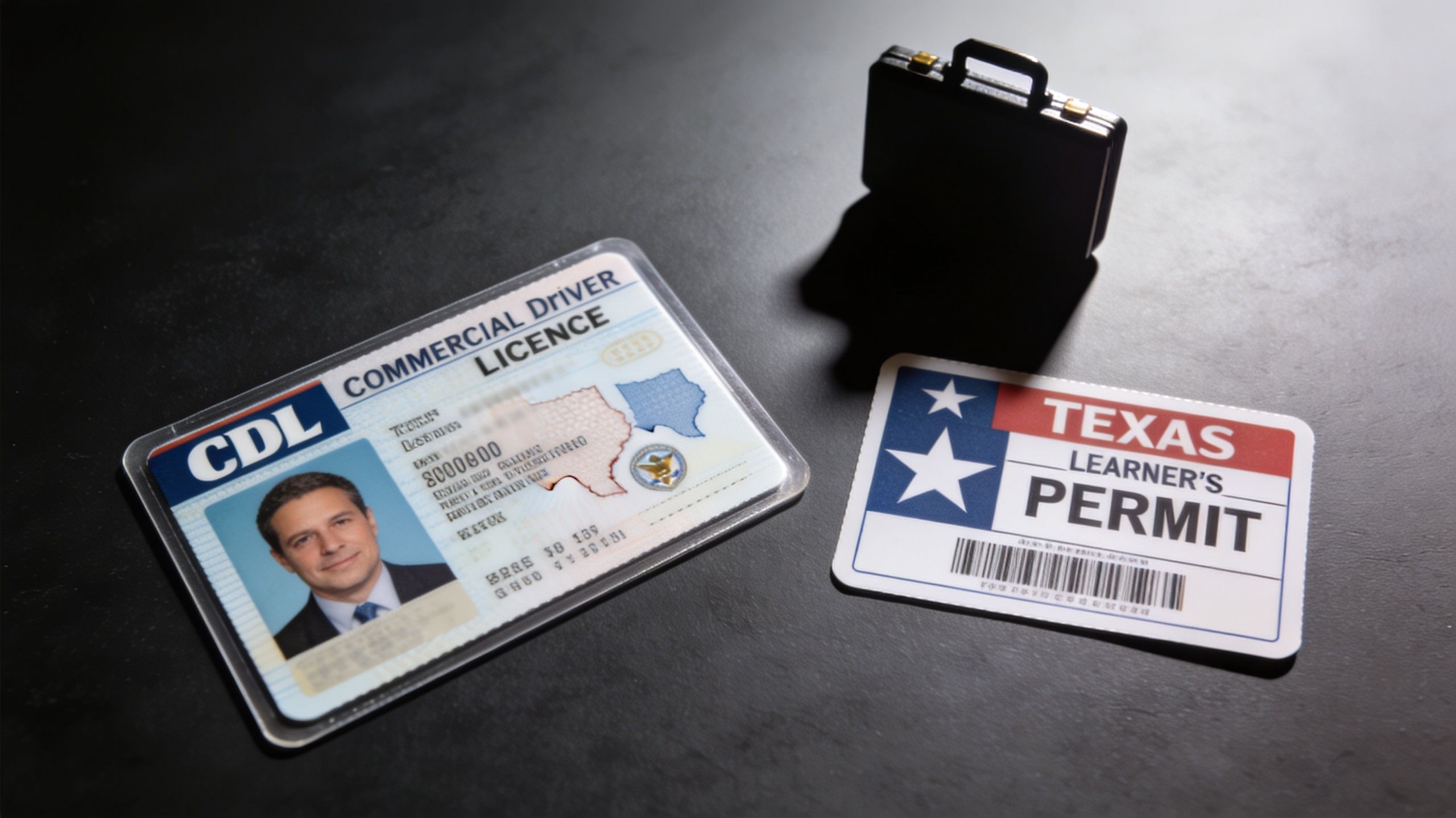A Texas commercial driver license and a Texas learner's permit lie on a dark surface next to a briefcase.