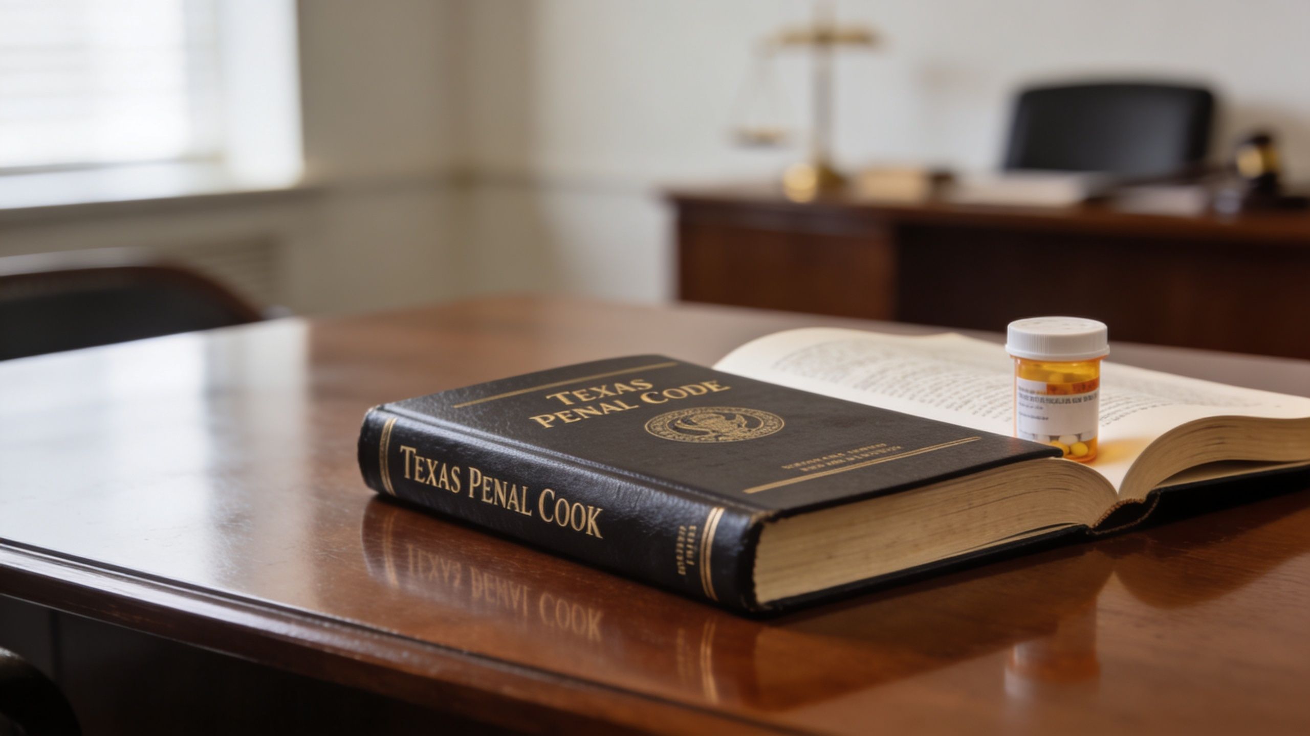 A copy of the Texas Penal Code rests on a wooden desk next to prescription medication.