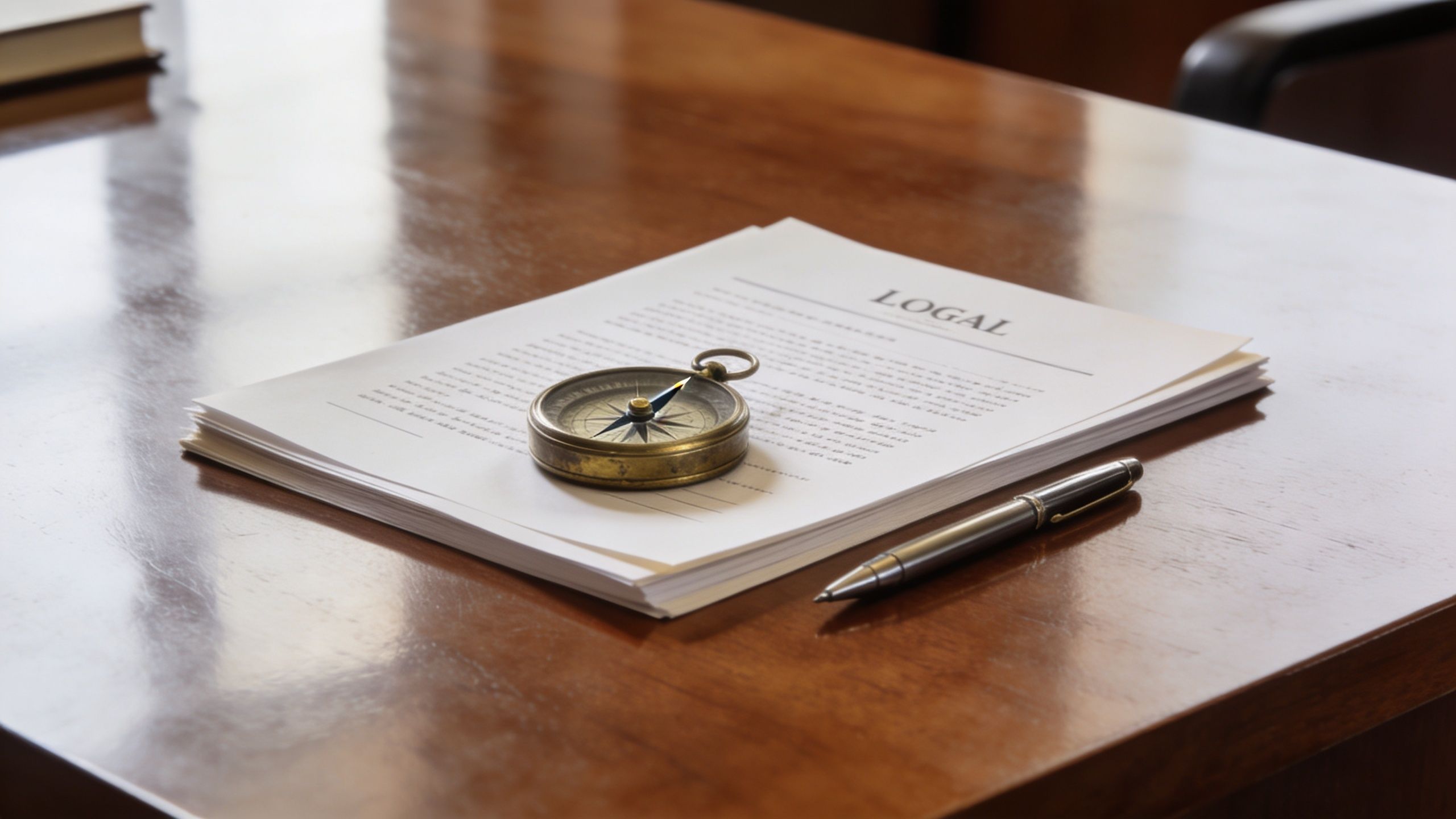 A vintage brass compass placed on top of a stack of legal documents with a pen nearby.