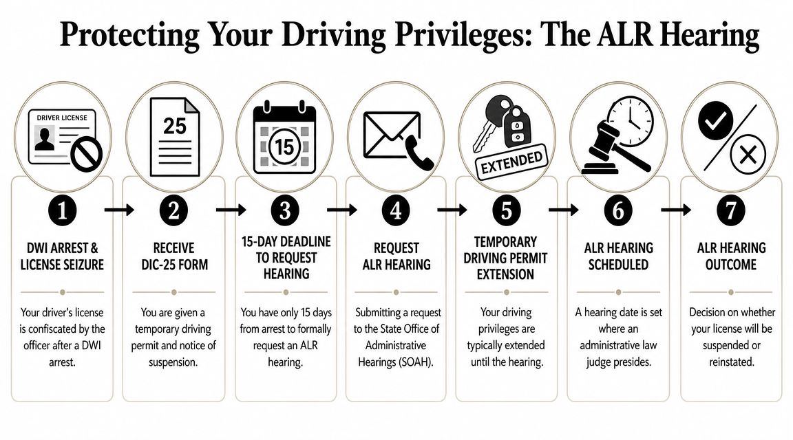 An infographic detailing the seven steps of the Texas ALR hearing process following a DWI arrest.