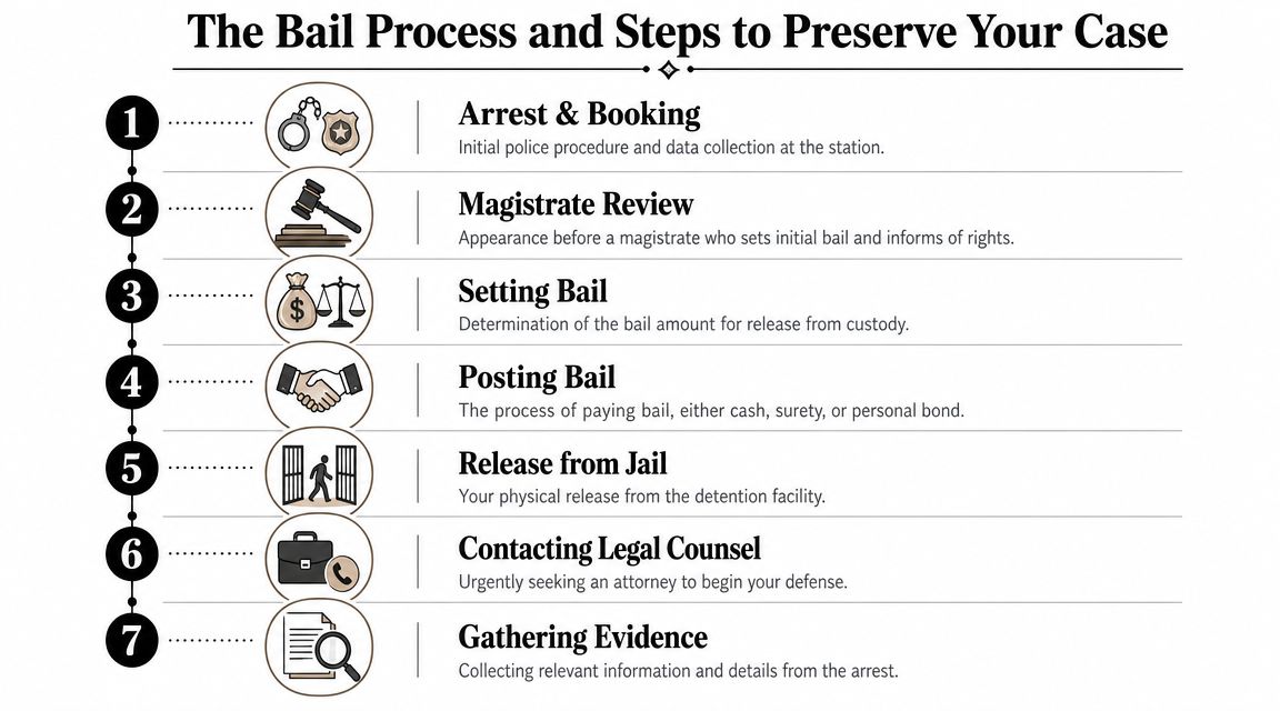 A seven-step infographic detailing the legal bail process, from arrest and booking to gathering evidence.