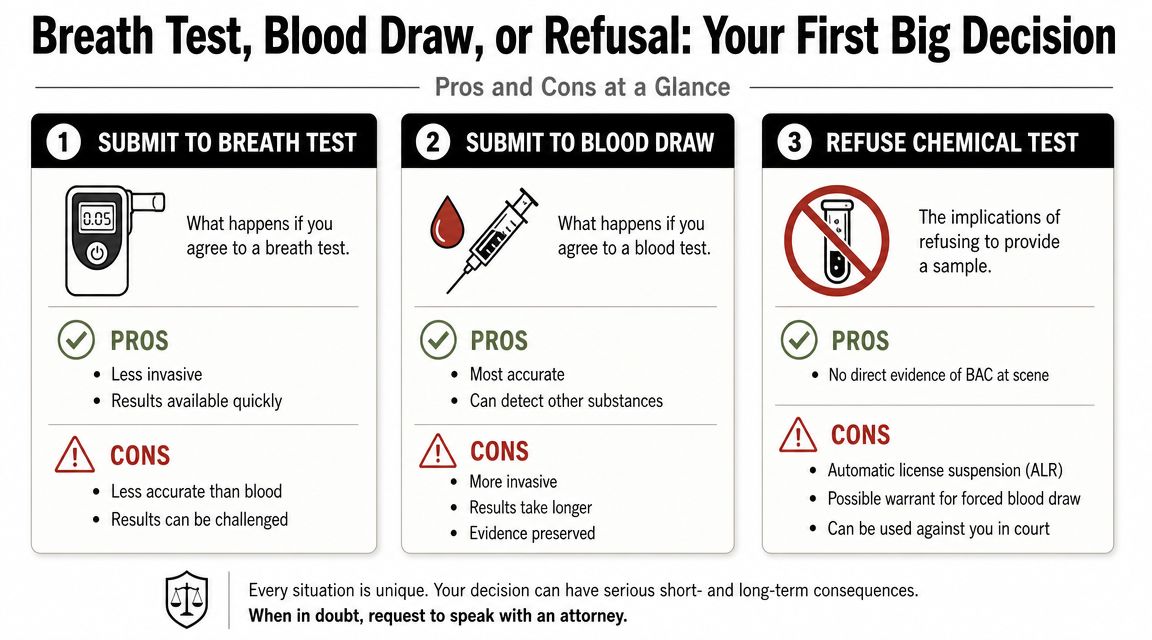 A visual guide comparing the pros and cons of breath tests, blood draws, or refusing chemical tests.