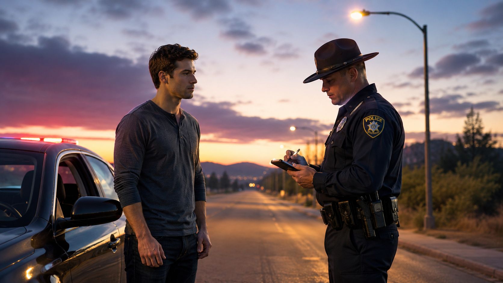 A police officer writing a citation for a driver during a traffic stop at sunset.