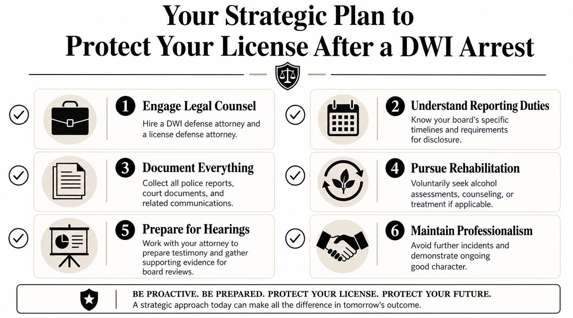 A strategic six-step plan infographic for professionals to protect their occupational license following a DWI arrest.