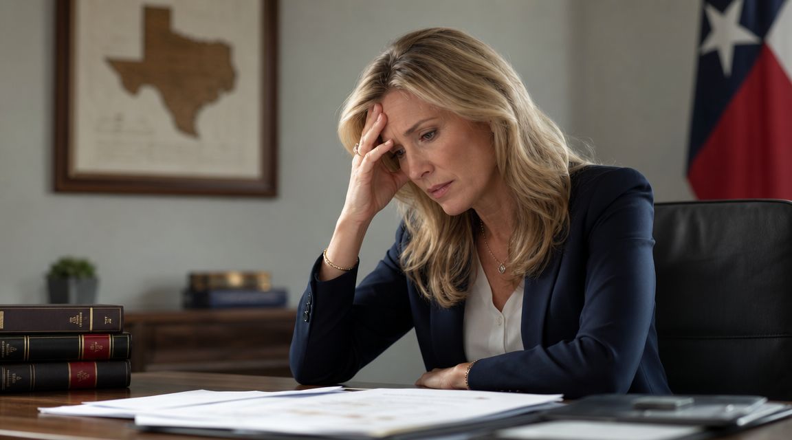 A stressed professional woman sitting at her desk, considering the impact of a legal issue on her career.