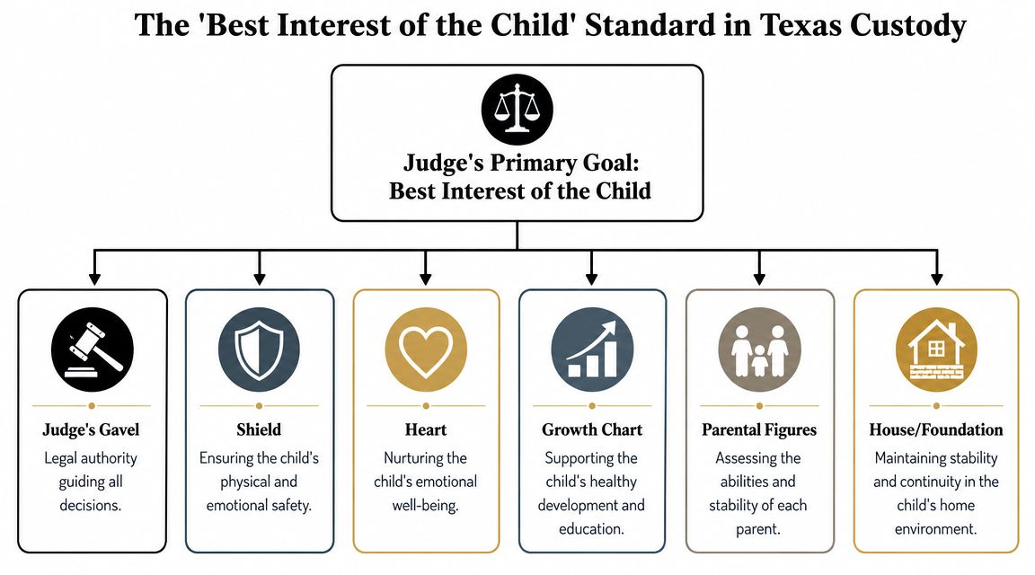 A diagram illustrating the 'Best Interest of the Child' standard used in Texas custody court cases.