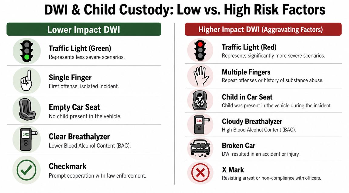 Infographic comparing low versus high risk factors of DWI incidents and their impact on child custody cases.