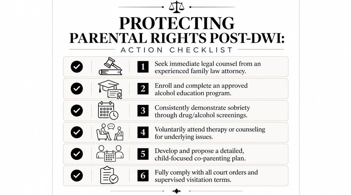 A checklist infographic titled Protecting Parental Rights Post-DWI offering six actionable steps for navigating child custody legal issues.