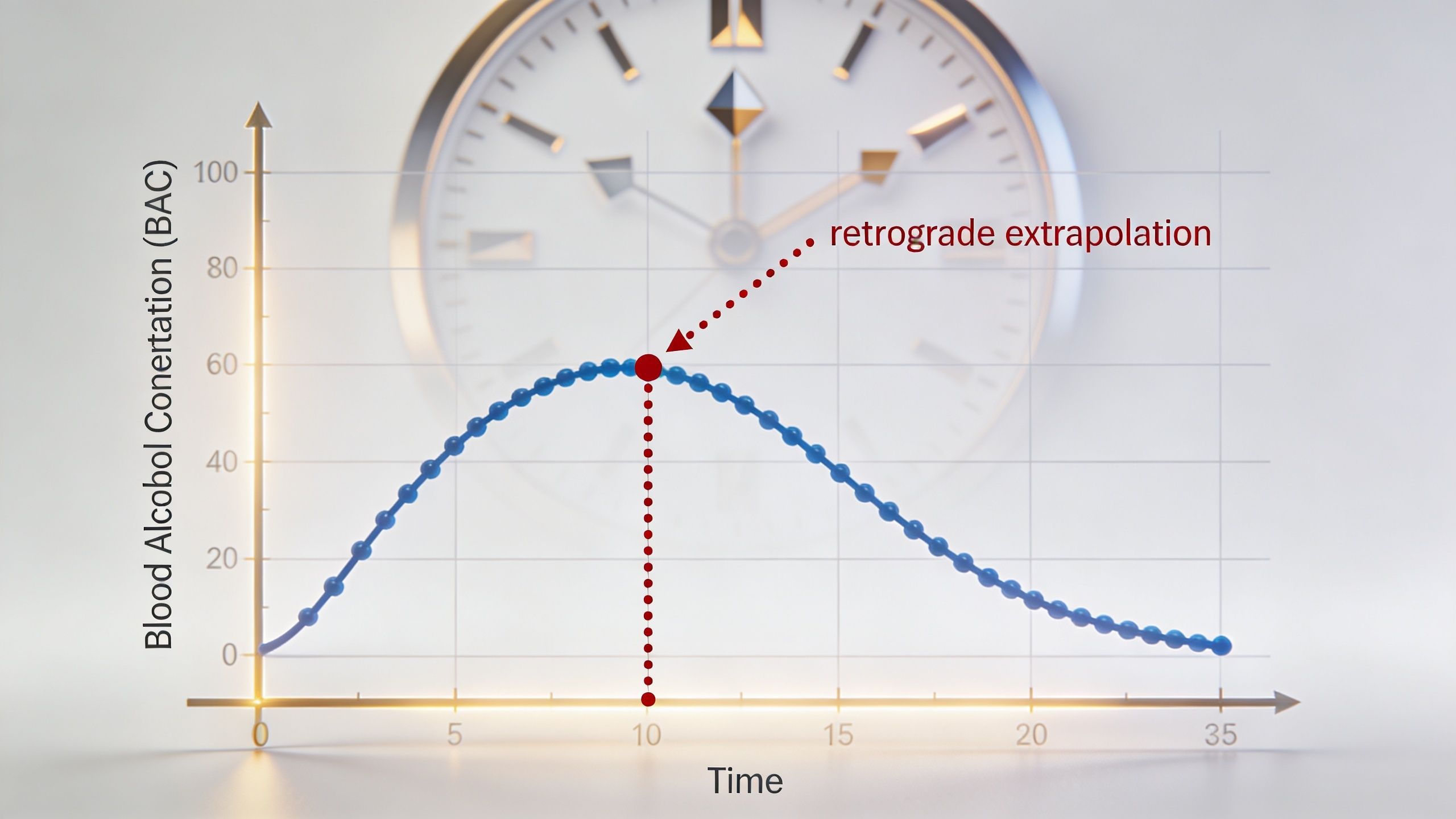 A line graph showing blood alcohol concentration over time with an example of retrograde extrapolation indicated.