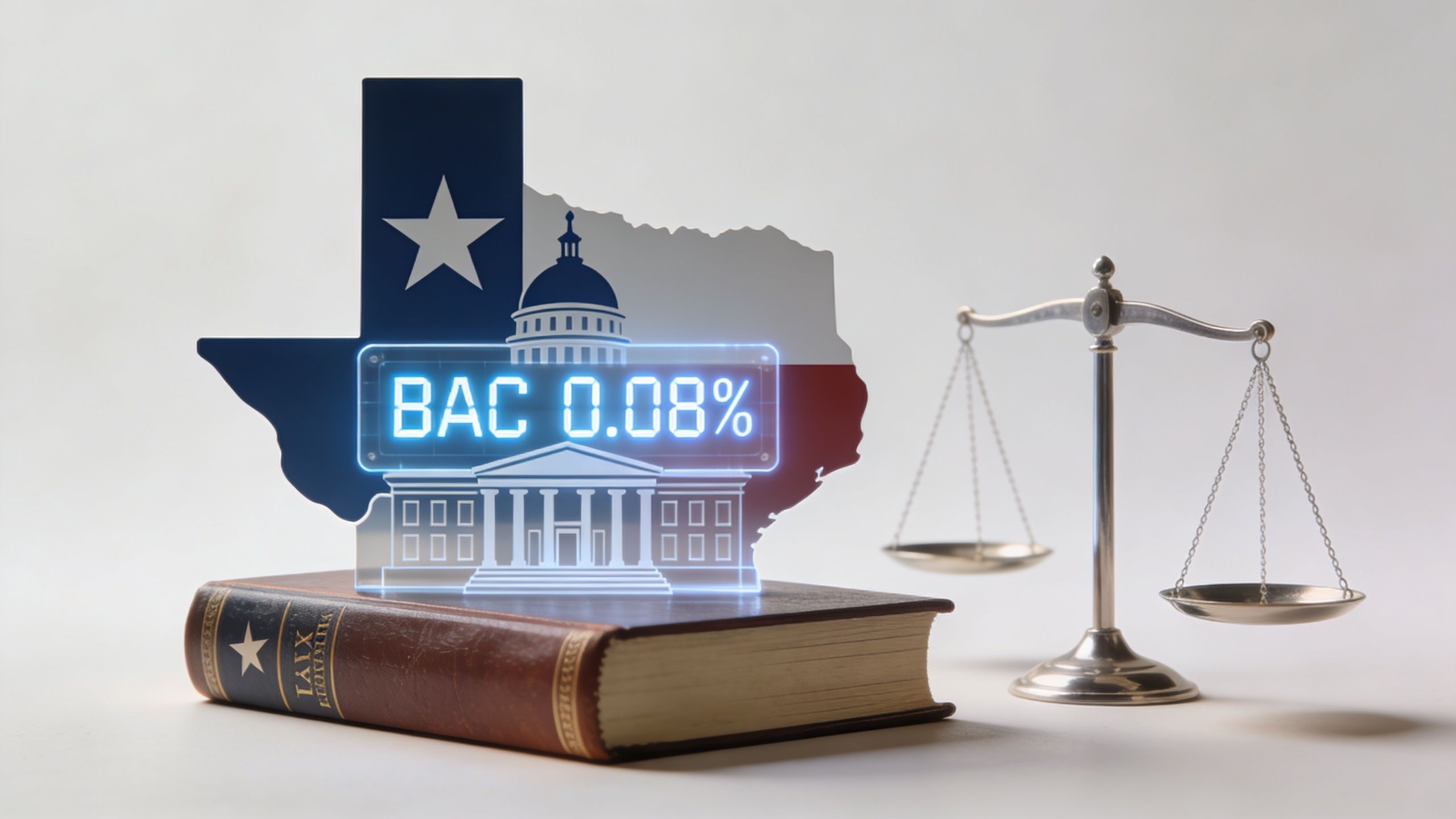 A law book, a pair of scales of justice, and a Texas-themed BAC 0.08% legal sign.