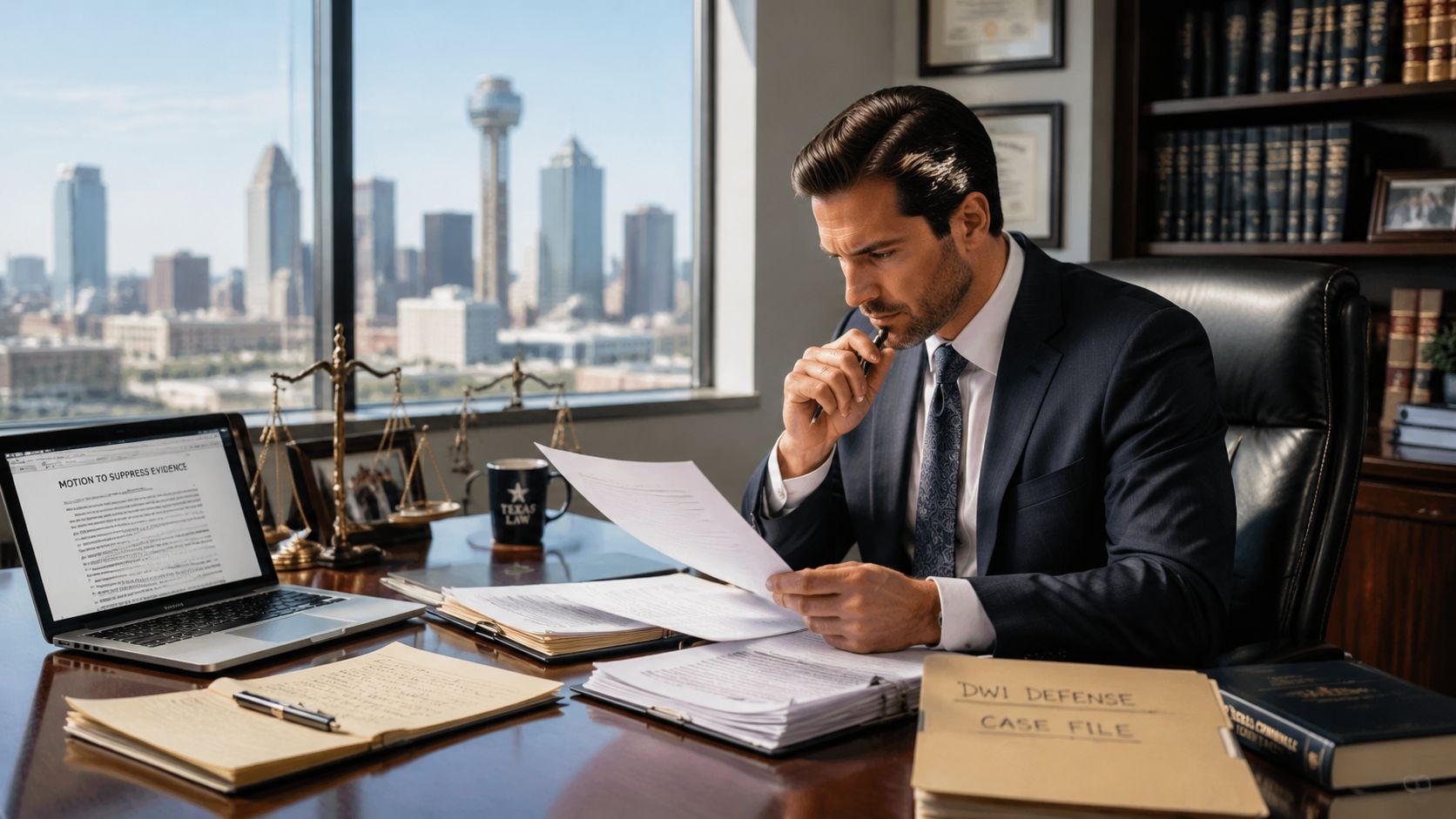 A professional attorney reviewing legal documents in his office overlooking the Dallas skyline at his desk.