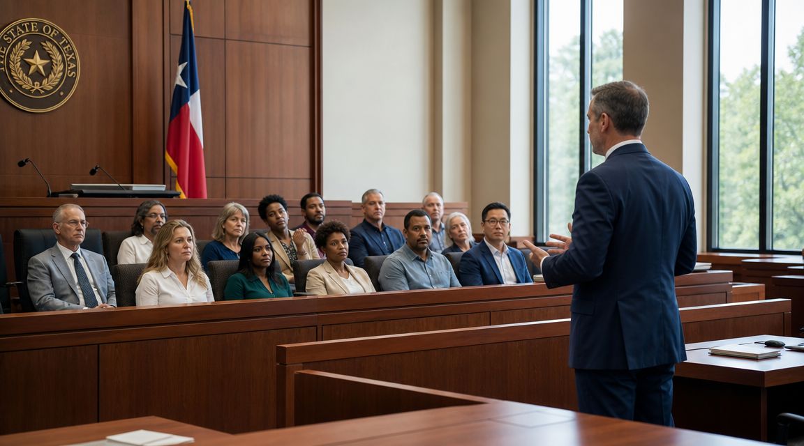 A defense attorney stands in a Texas courtroom addressing the jury during a formal legal trial session.