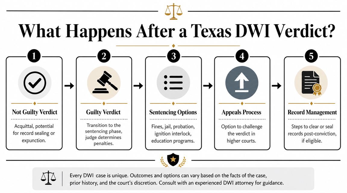 A flow chart illustrating the five-step process following a Texas DWI verdict, from acquittal to record management.
