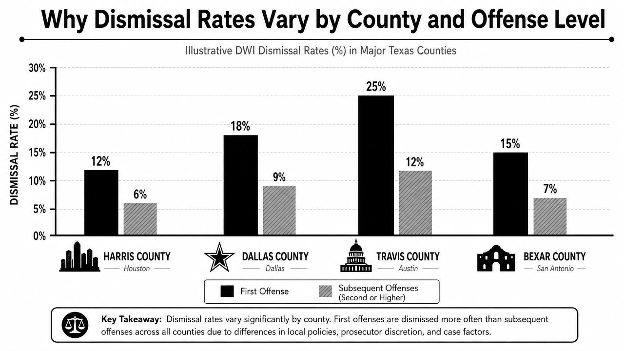 Bar chart comparing DWI dismissal rates for first and subsequent offenses across four major Texas counties.