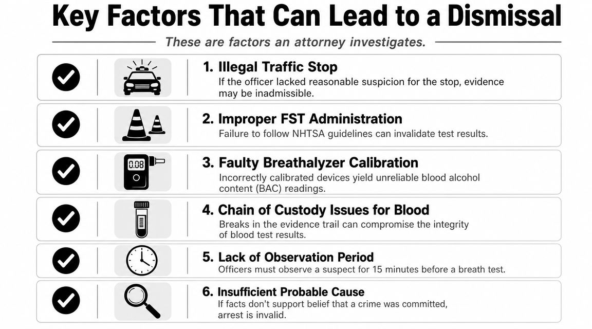 A list of six key legal factors an attorney investigates that can lead to a DWI case dismissal.