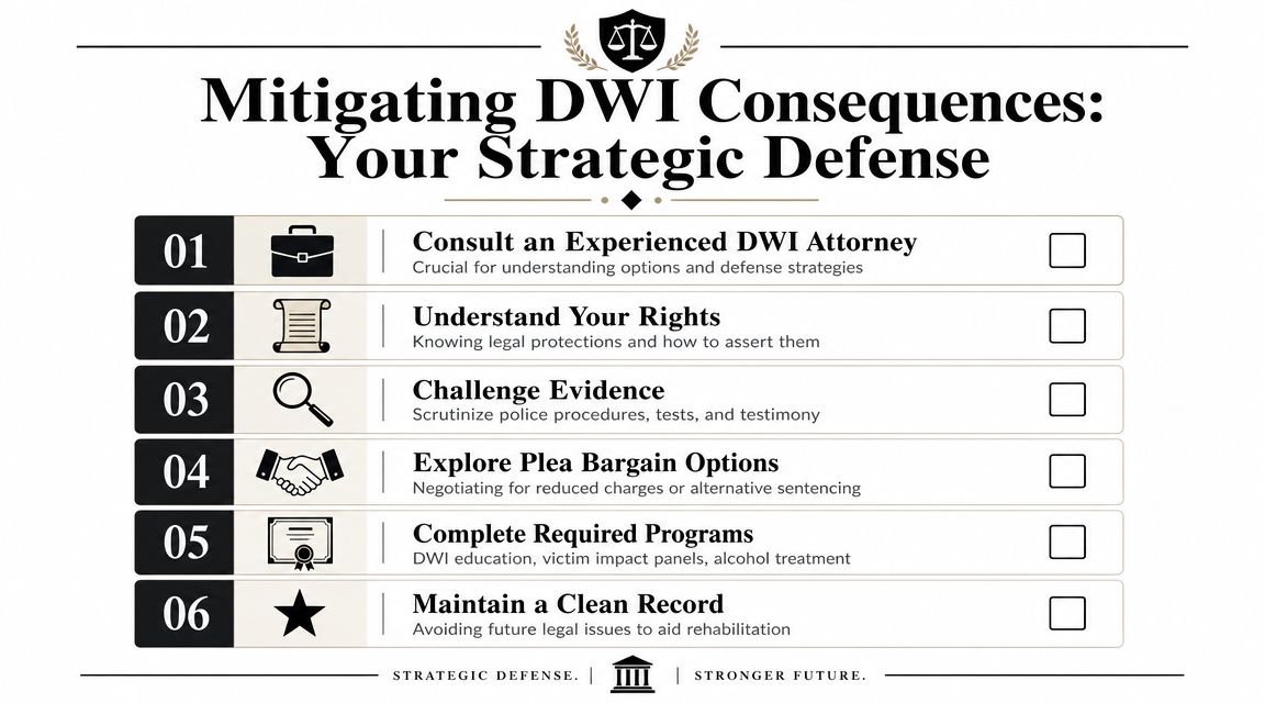 A checklist infographic titled Mitigating DWI Consequences listing six strategic steps for a legal defense.