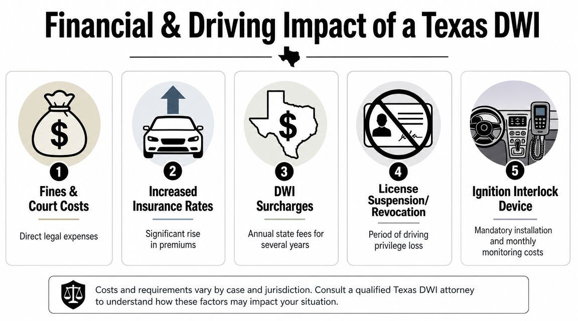 An infographic detailing the financial and driving consequences of a DWI conviction in Texas.