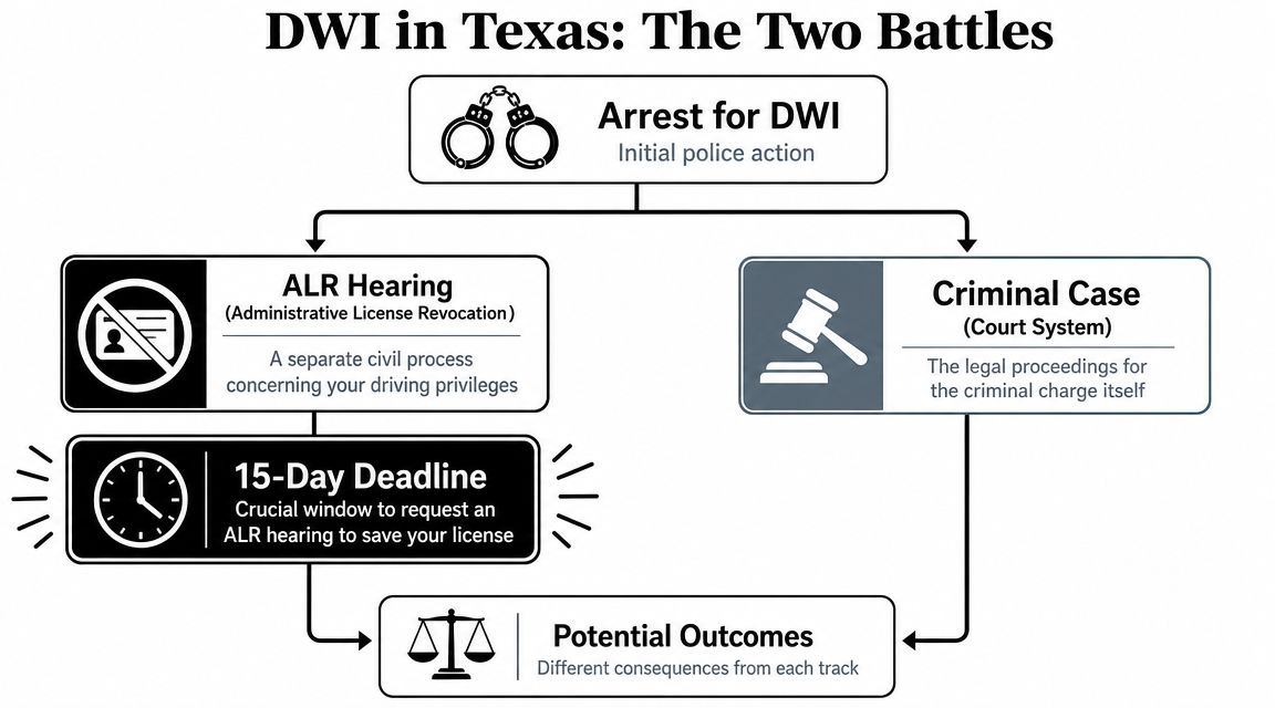 A flowchart explaining the two-track legal process of a DWI arrest in Texas including ALR and criminal cases.
