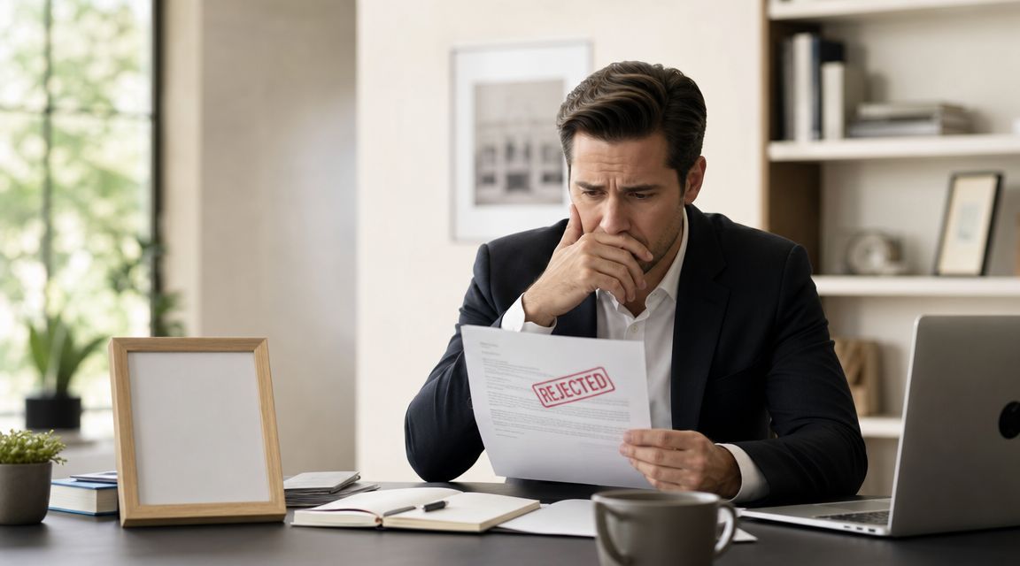 A concerned professional in a suit looking at a document stamped with the word rejected.