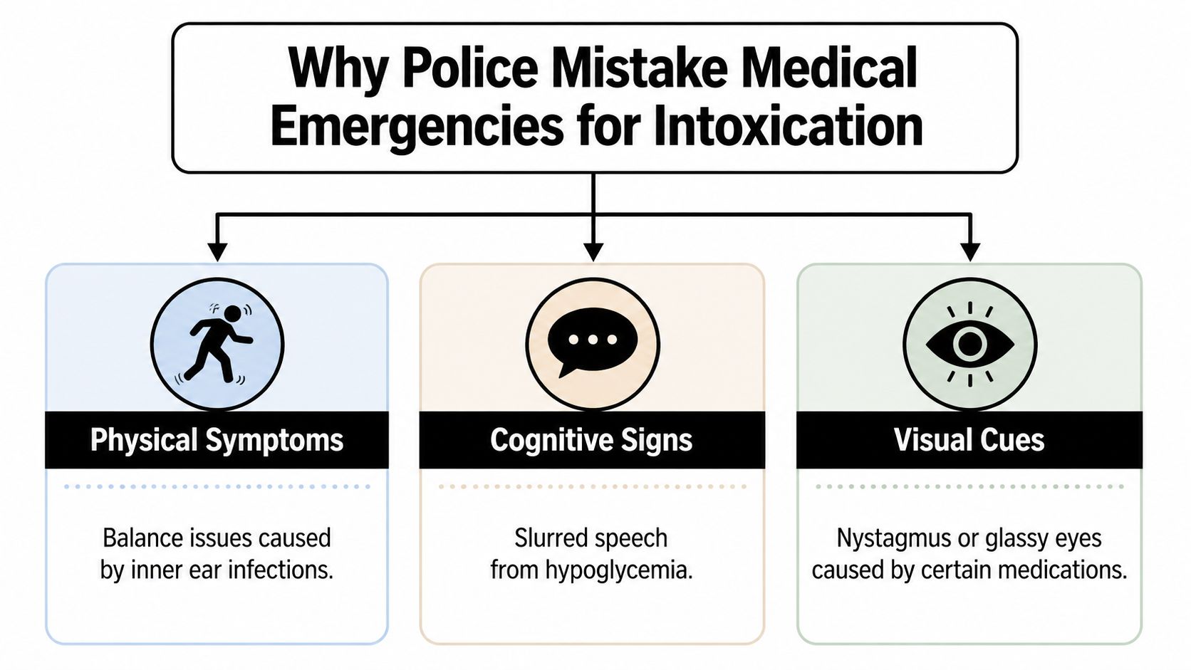 A chart illustrating how medical emergencies like inner ear infections or hypoglycemia mimic signs of intoxication.