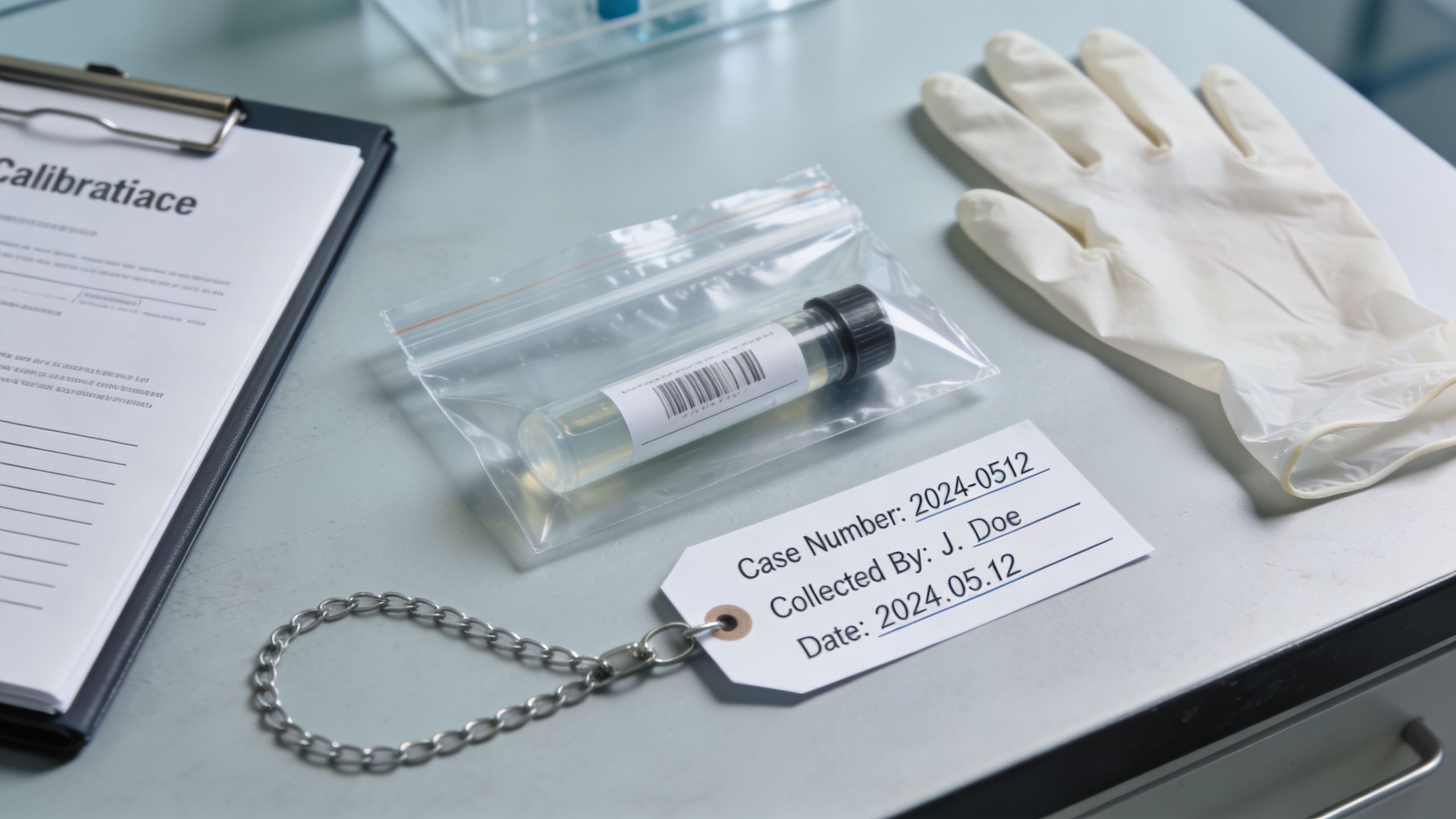 A lab test tube inside a plastic bag next to a paper identification tag and a glove.