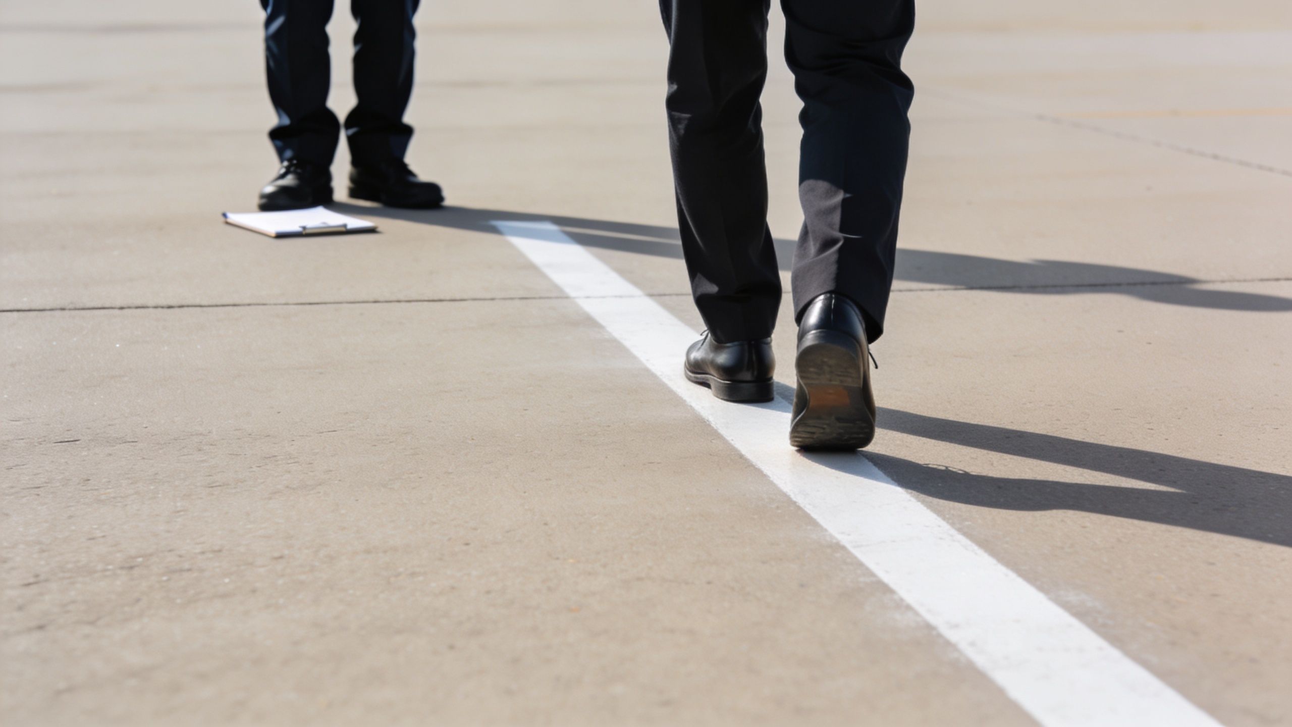 A person in professional attire performs a walk-and-turn field sobriety test on a paved surface during training.