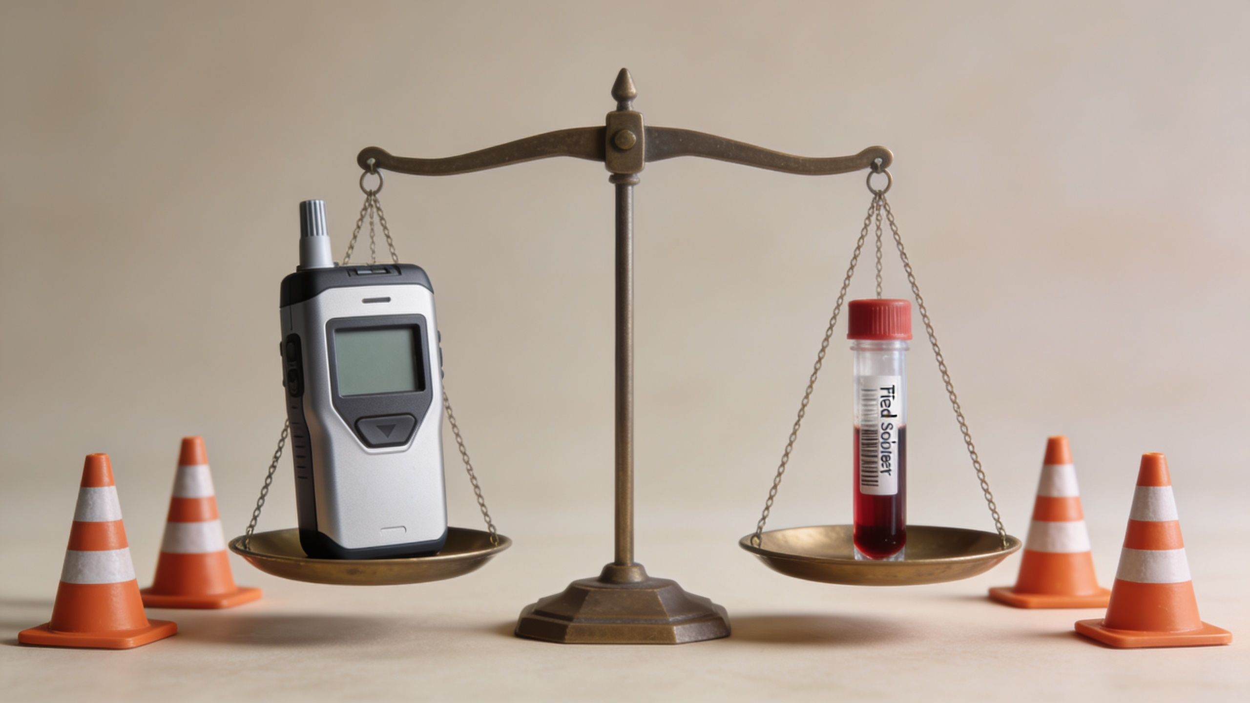 A conceptual image showing a breathalyzer and a blood vial on a scale with traffic cones.