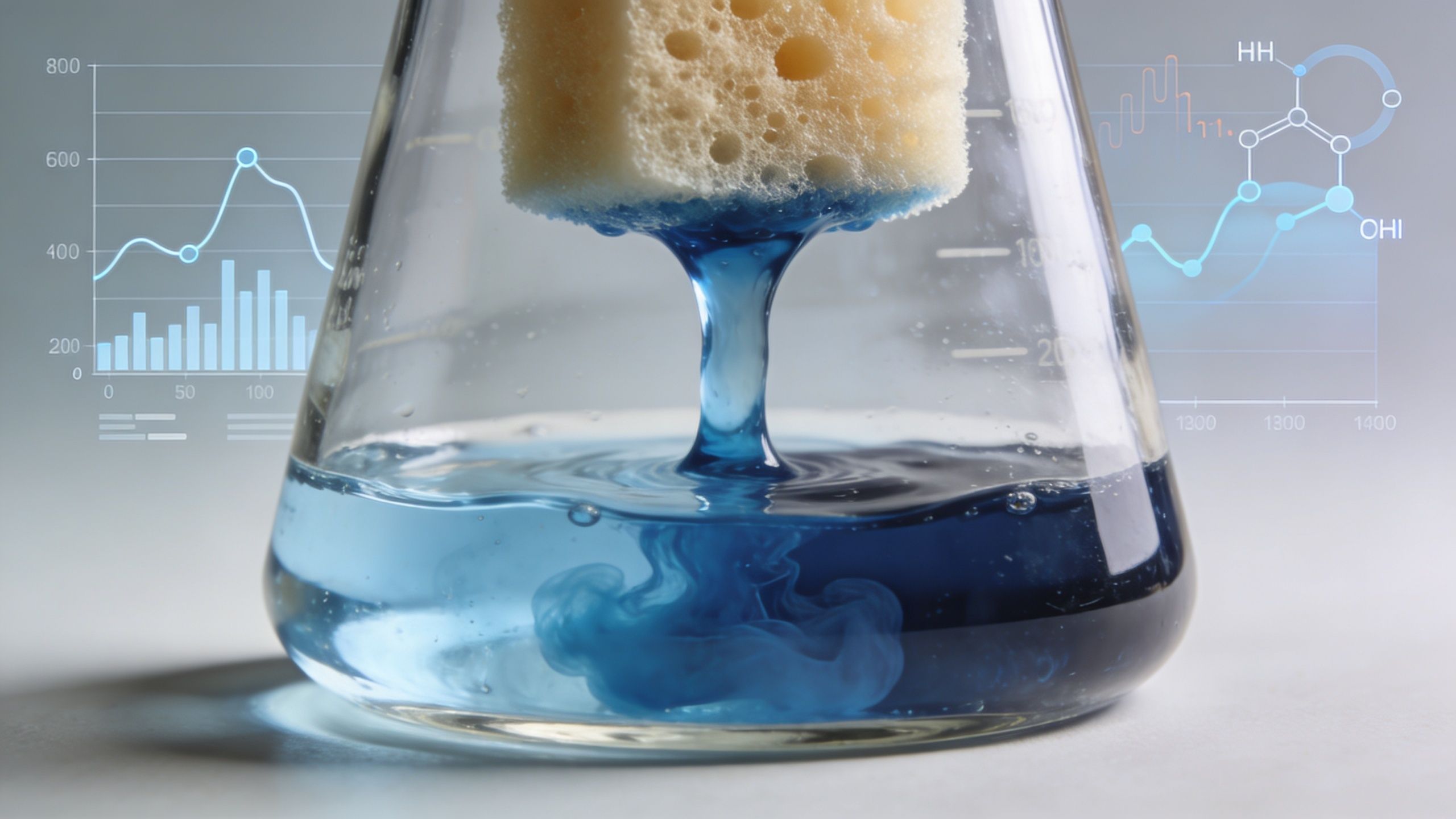 A yellow sponge drips blue liquid into a glass flask with overlaid scientific graphs and chemical structures.