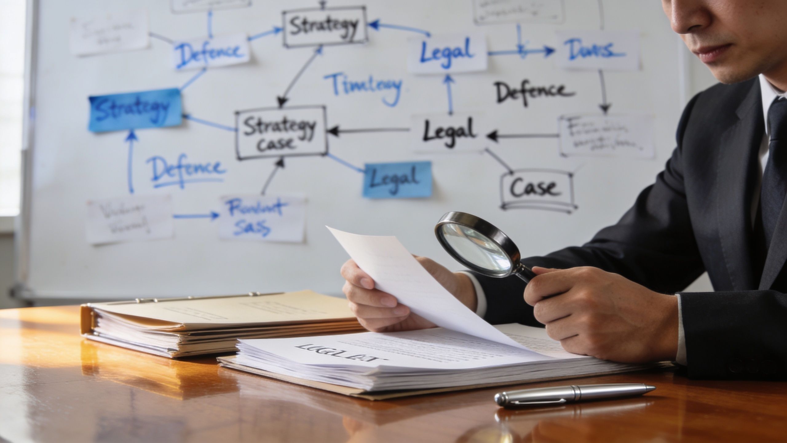 A professional in a suit reviewing legal documents with a magnifying glass in a strategy-focused office setting.