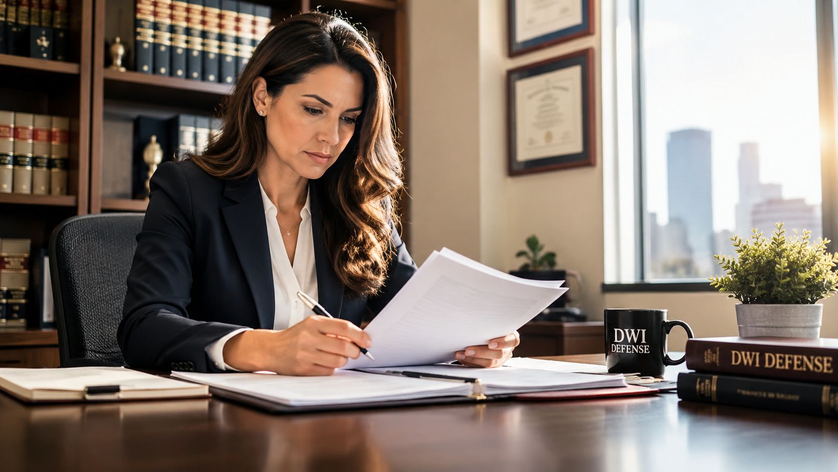 A professional female attorney reviewing legal documents in her office, with DWI defense books and mug.