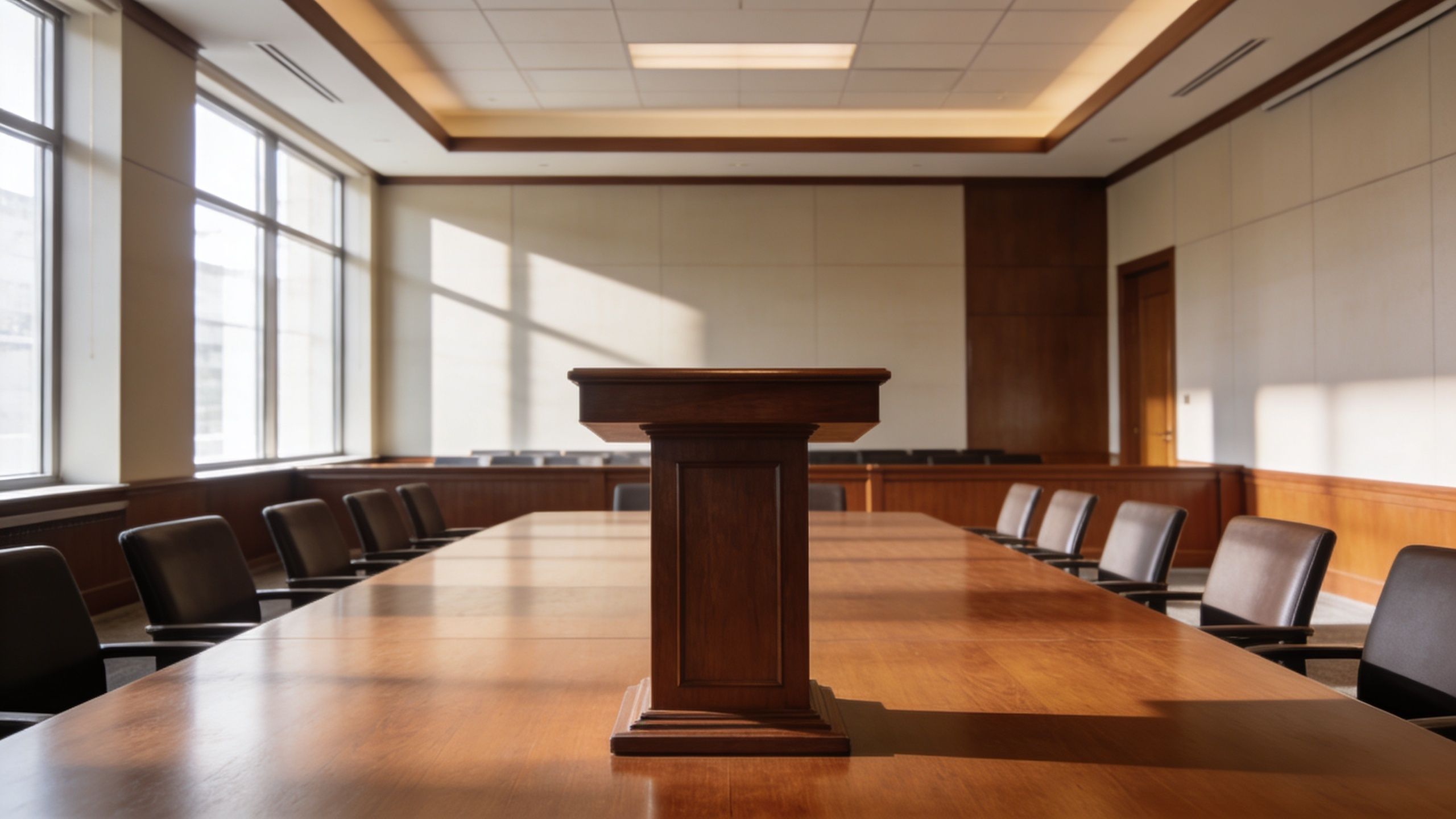 An empty courtroom featuring a wooden lectern on a conference table surrounded by leather chairs.