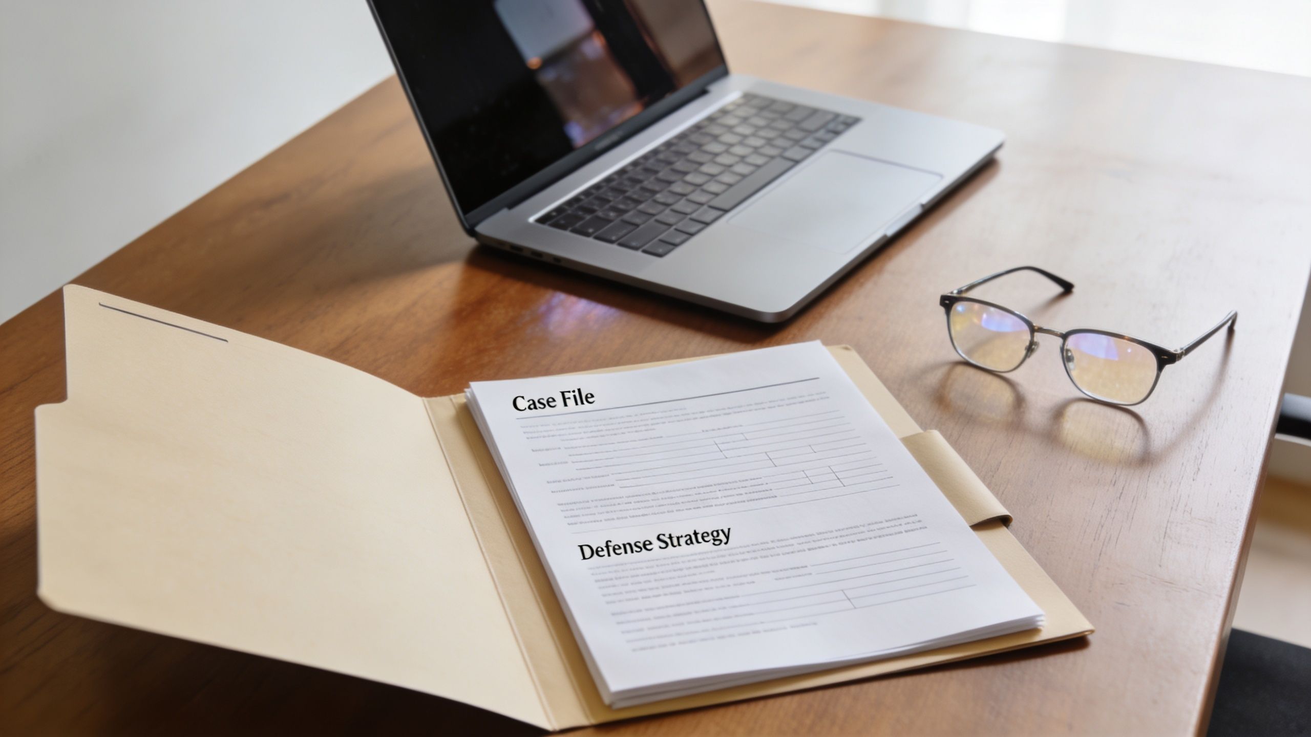 A professional desk workspace features a laptop, reading glasses, and a legal folder labeled Defense Strategy.