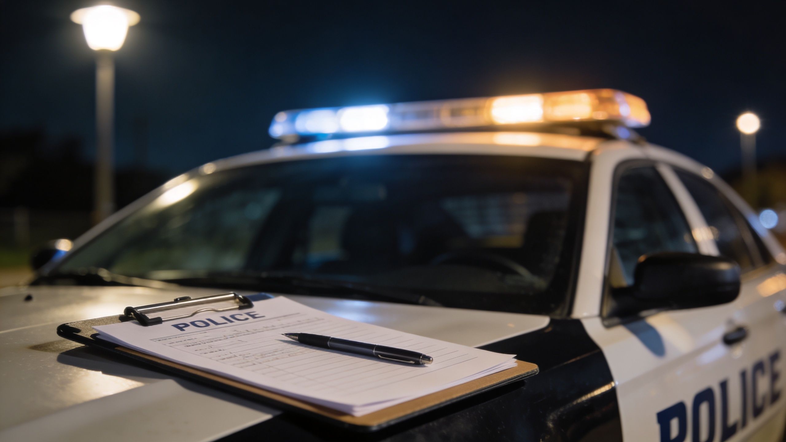 A police report on a clipboard sitting on the hood of a police car with flashing lights.