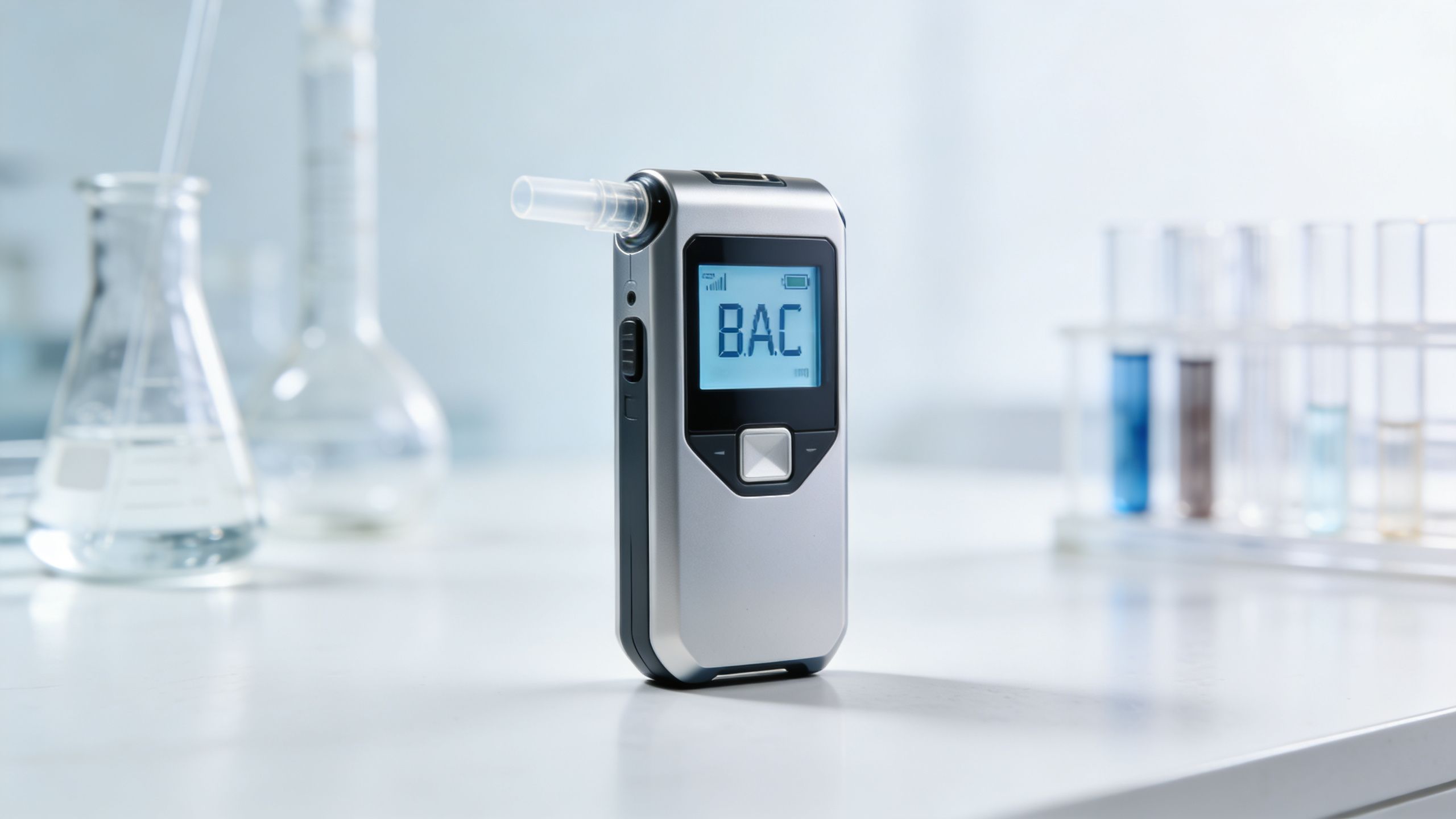 A digital breathalyzer sitting on a lab table next to test tubes and glass beakers.