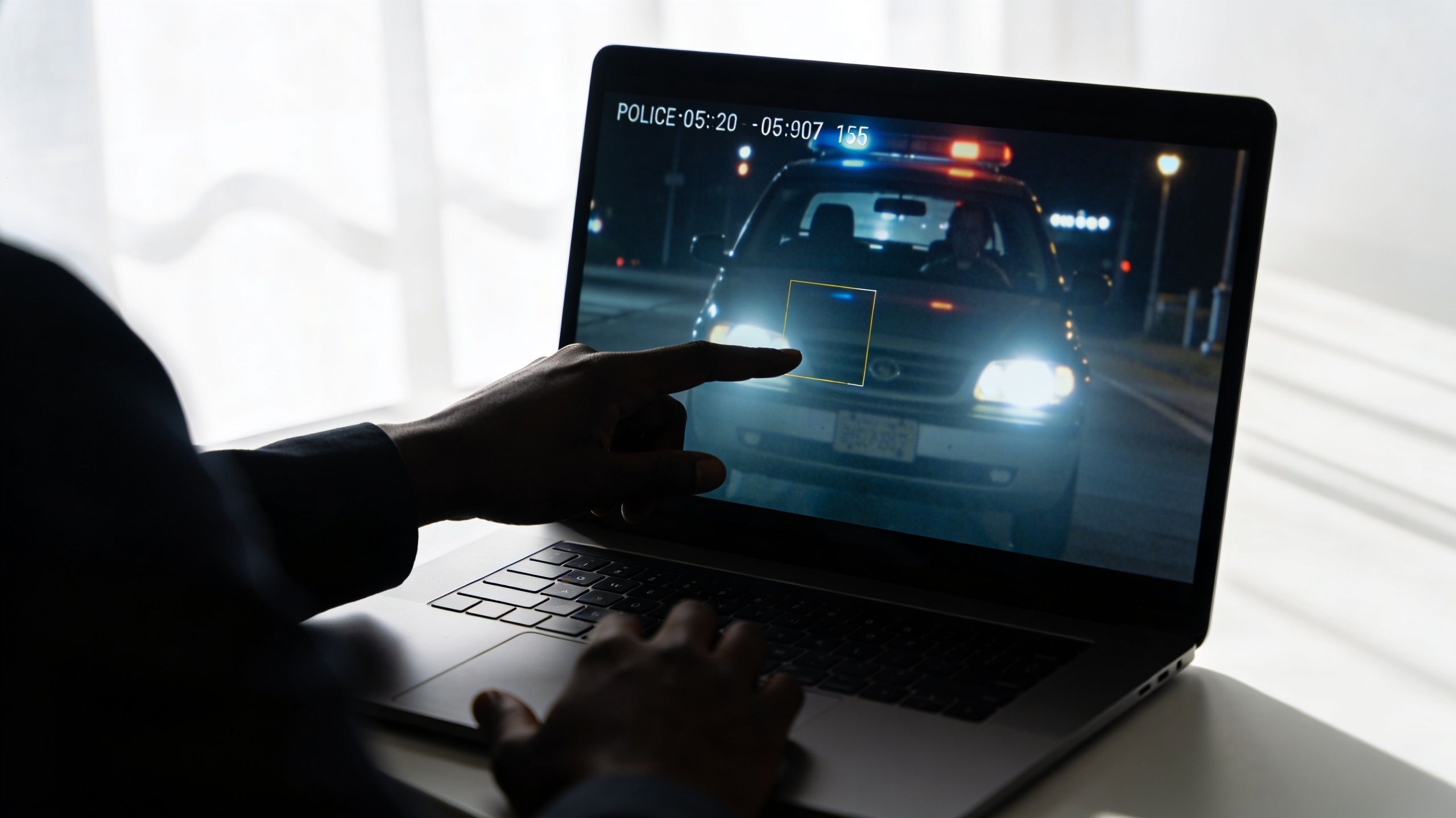 Person analyzing police dashcam footage of a car on a laptop screen to investigate legal evidence.