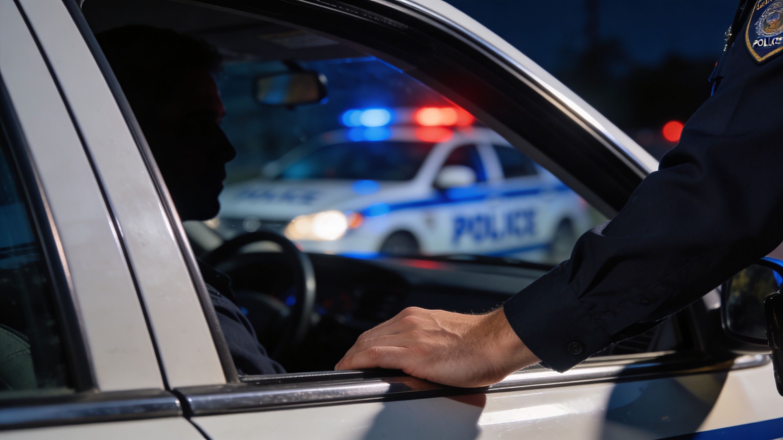 A police officer talks to a driver through the car window during a nighttime traffic stop.