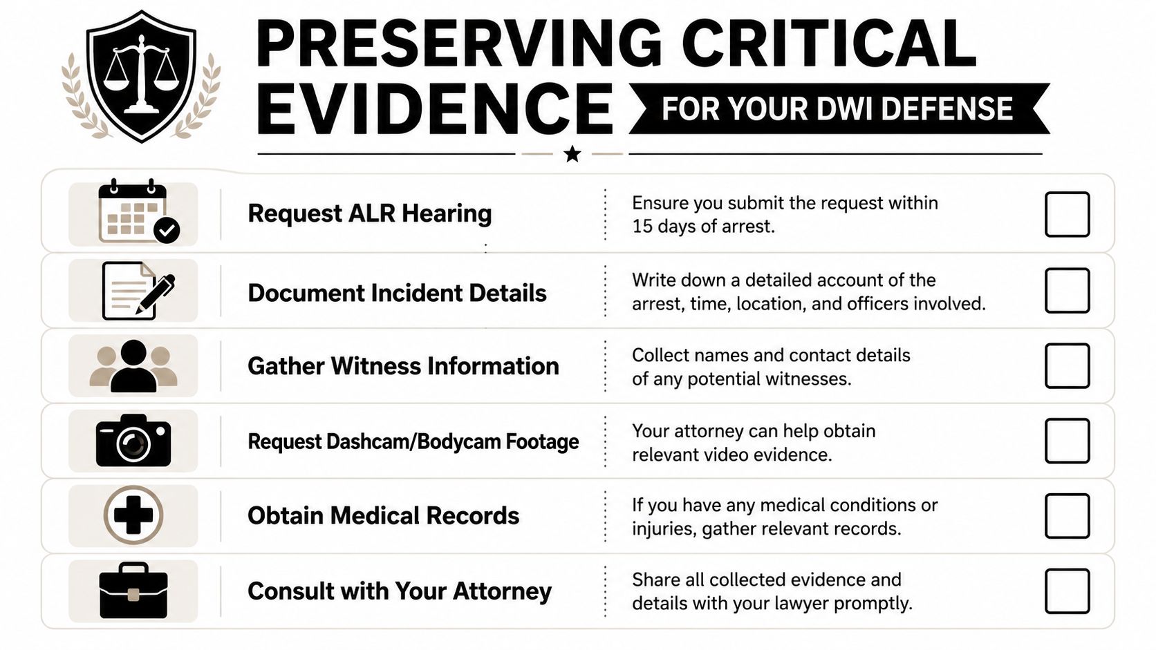 A checklist infographic outlining critical steps for preserving evidence to support your legal DWI defense.