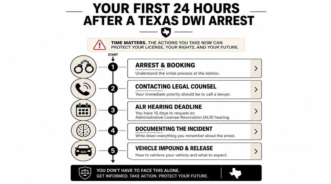 A step-by-step infographic detailing the necessary actions to take within 24 hours of a Texas DWI arrest.