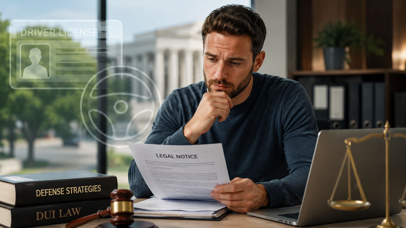 A man in a professional office reading a legal notice about DUI laws with law books nearby.