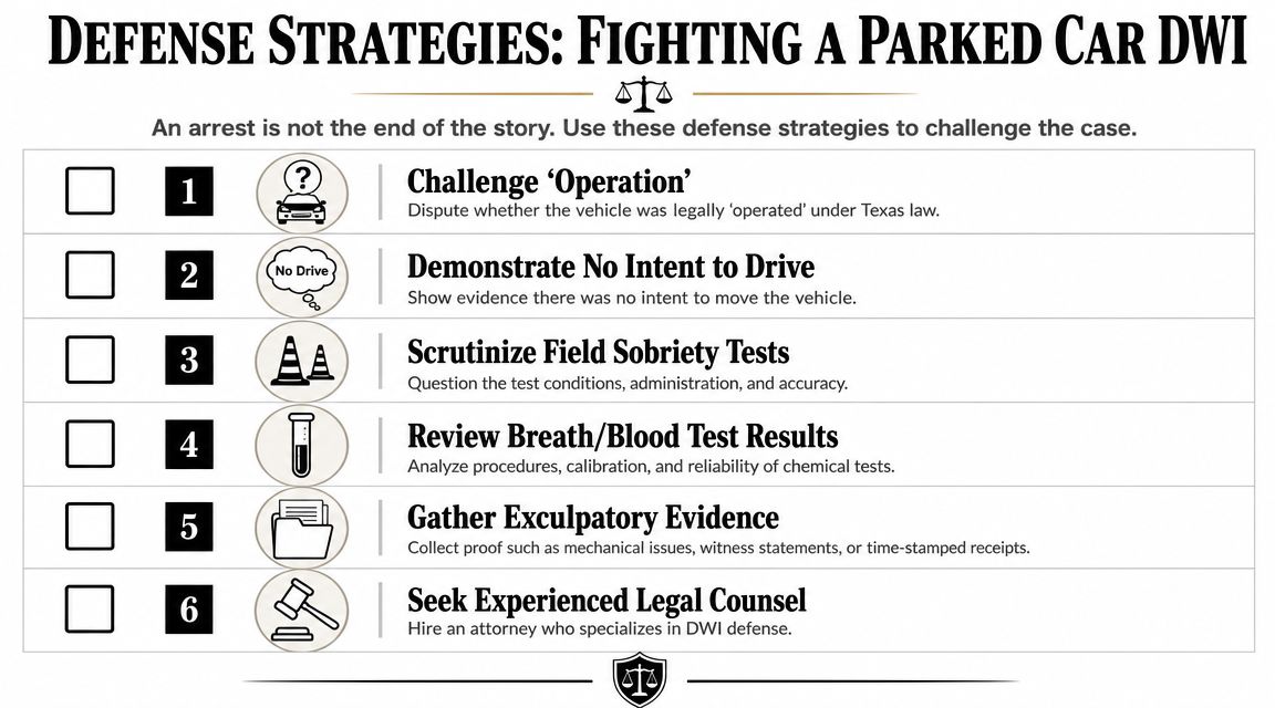 A checklist of six legal defense strategies for fighting a parked car DWI case in Texas.