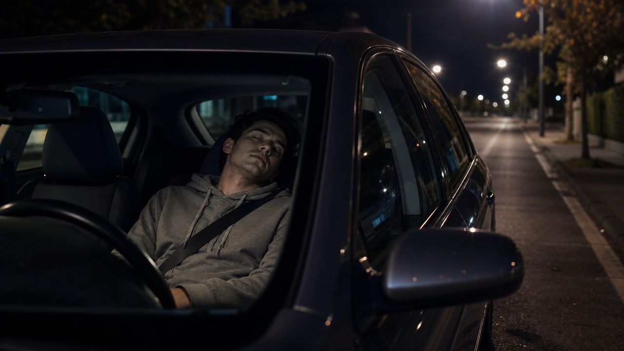 A young man sleeping in the driver seat of a parked car at night on a street.