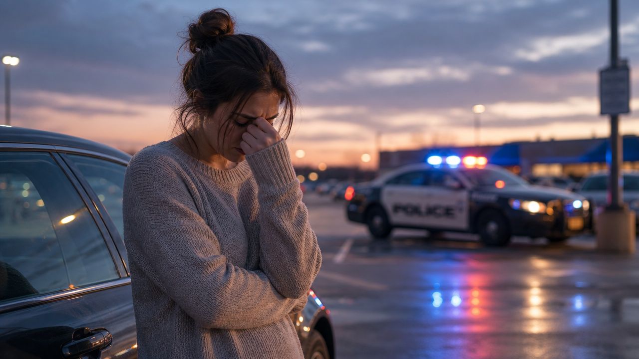 A distressed woman stands near a parked car while a police vehicle with flashing lights appears nearby.