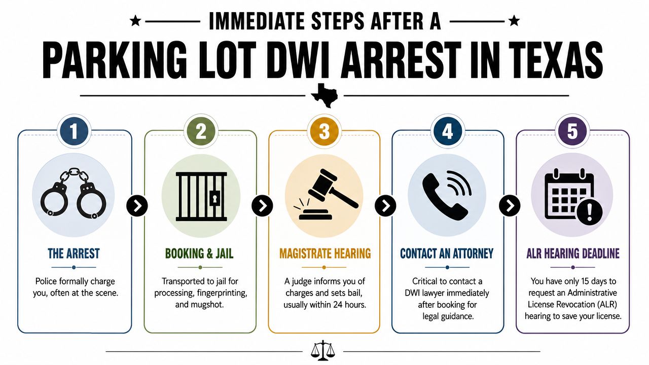 An infographic illustrating the five critical steps taken after a parking lot DWI arrest in Texas.