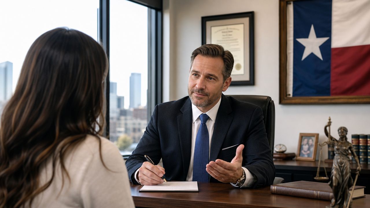 A professional attorney discussing legal matters with a client in a law office in Texas.